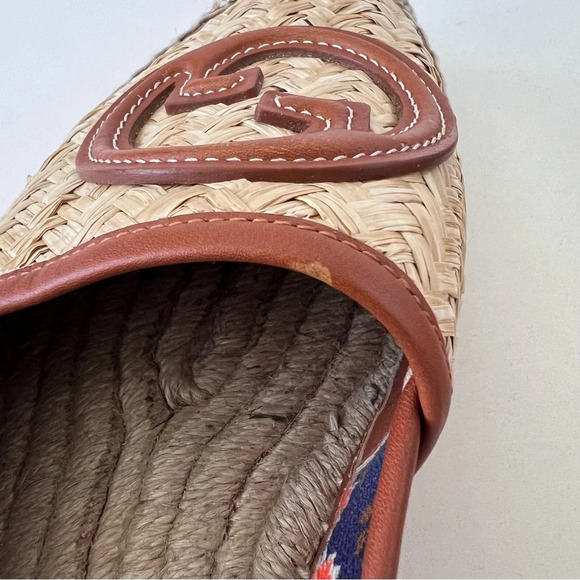 GUCCI || Adela GG Raffia Espadrilles Brown Leather Logo EU 36 US 6 - Picture 11 of 13